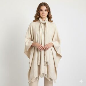 Mexican Ivory Wool Fringed Cape w/ Scarf Coat - O/S, Reversible